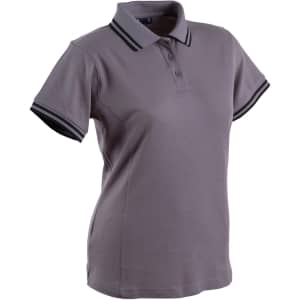 A grey ladies' polo shirt with black striped details on the collar and sleeves. It features a three-button placket and a logo.