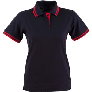 A navy polo shirt featuring red accents on the collar and sleeves, with a branded logo.