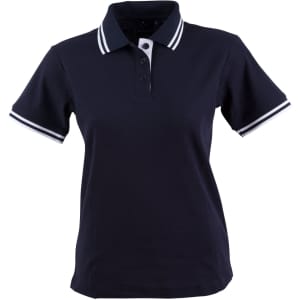 A navy blue ladies' polo shirt with white striped detailing on the collar and sleeves, featuring a logo.