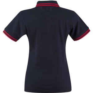 A navy polo shirt with red striped detailing on the collar and sleeves. It features a logo on the front.