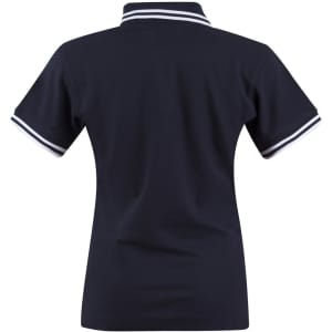 A dark navy polo shirt with white striped accents on the collar and sleeves, featuring a branding logo.