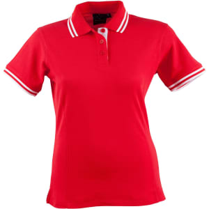 A red ladies' polo shirt with white stripes on the collar and sleeves, featuring a logo on the chest.