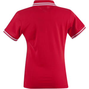A red polo shirt with a classic collar and contrasting white striped detailing on the sleeves. It has a logo.