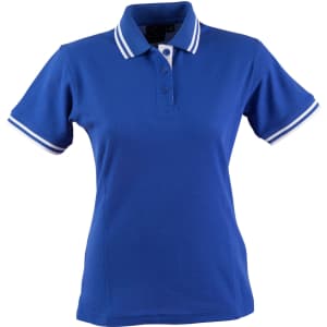 A blue ladies' polo shirt with white trim on the collar and sleeves, featuring a button-up front and a logo.