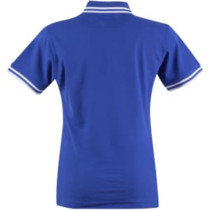 A blue polo shirt with white striped accents on the collar and sleeves, featuring a logo.