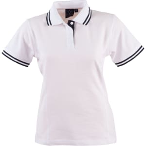 A white ladies' polo shirt with black stripes on the collar and sleeves, featuring a logo.
