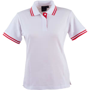 A white polo shirt with red stripes on the collar and sleeves, featuring button detailing and a logo.