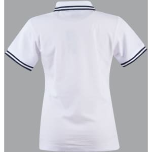 A white polo shirt with a fitted design and navy stripes on the collar and sleeves, featuring a logo.