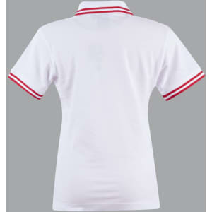 A white polo shirt featuring red stripes on the sleeves and a collar, with a logo on the back.