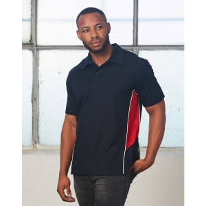 A navy polo shirt with red side panels and a logo on the chest.