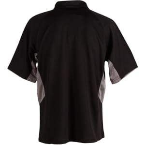 A black polo shirt with grey accents, featuring a collar and short sleeves, displaying a logo.