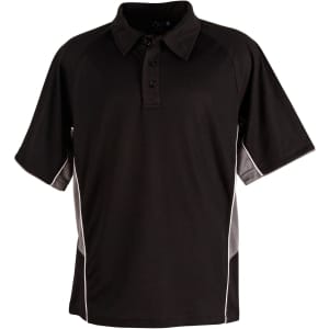 A black polo shirt with short sleeves, featuring a collar and contrasting side panels, includes a logo.
