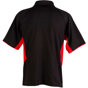 A black polo shirt with red side panels and a collar, featuring a logo on the front.