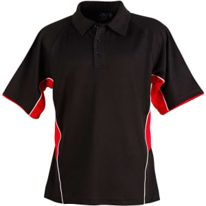 A black polo shirt with red and white detailing, featuring a collar and short sleeves. It has a logo.