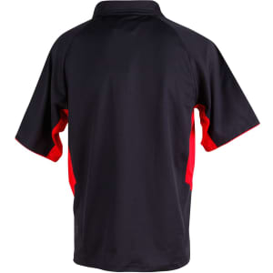 A black polo shirt with red accents, featuring a collar and short sleeves. It has a logo on the front.