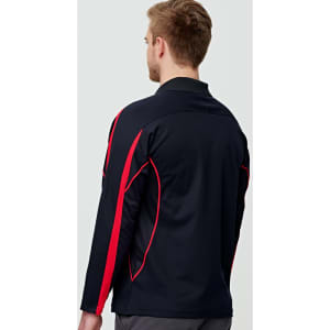 A men's long sleeve polo shirt in black with red accents and a logo on the back.