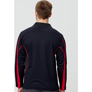 A men's long sleeve polo shirt in black with red accents, featuring a collar and a logo.