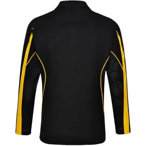A black long sleeve polo shirt with yellow accents and a logo on the chest area. Features mesh panels on the sleeves.