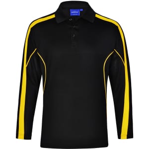 A black long sleeve polo shirt with yellow side stripes and a collar. It features a logo on the chest.