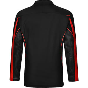 A black long sleeve polo shirt with red accents and mesh panel detailing on the sides. It features a logo.