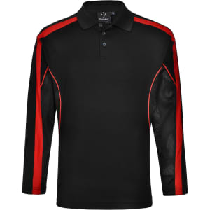 Men's long sleeve polo shirt in black, featuring red accents and mesh detailing, with a logo on the chest.