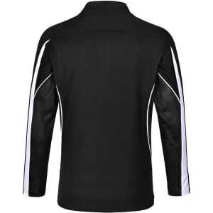 A black long sleeve polo shirt featuring mesh panels and white detailing, with a logo on the back.