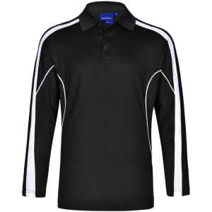 Men's long sleeve polo shirt in black with white side stripes and a collar. Features a logo on the chest.