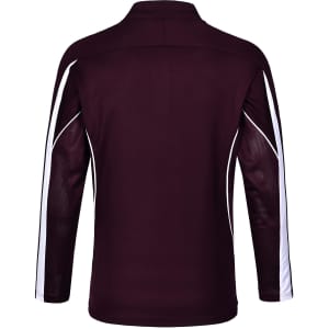 A maroon long sleeve polo shirt with white accents and a mesh panel design. It features a collar and a branded logo.