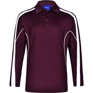 A men's long sleeve polo in burgundy with white side accents and a collar. Features a logo on the chest area.