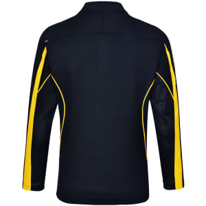 A black long sleeve polo shirt with yellow accents and a logo on the side.