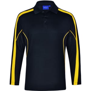 A black long sleeve polo shirt with yellow side stripes and a collar. Contains a branded logo.