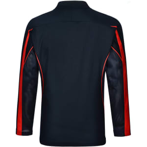 A black long sleeve polo shirt featuring red panels and mesh detailing, with a logo on it.
