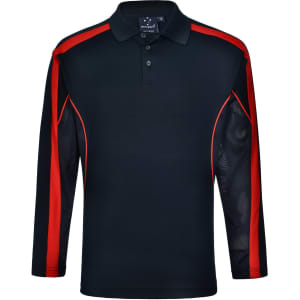 A long sleeve polo shirt in black with red accents and mesh detailing on the sleeves. Features a logo.