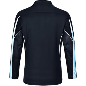 A black long sleeve polo shirt with light blue accents and a mesh back panel, featuring a logo.
