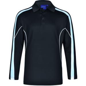A long sleeve men's polo shirt in black with light blue accents and a logo.
