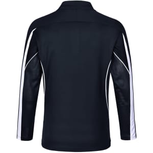 A black long sleeve polo shirt with white accents and a logo on the front. Features a classic collar and breathable design.