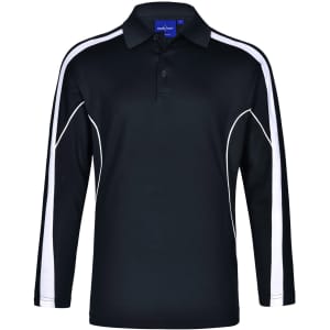 A black long sleeve polo shirt with white side stripes and a collar, featuring a logo.