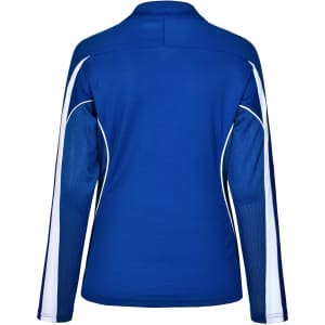 A blue long sleeve polo shirt with white accent panels and a logo on the back.