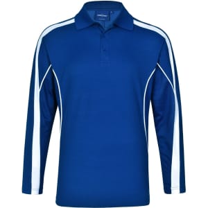A blue long sleeve polo shirt featuring white side stripes and a logo on the chest.