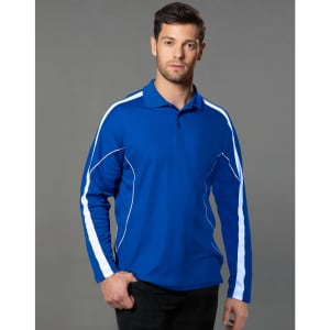 Men's TrueDry long sleeve polo in royal blue with white accents and a logo. Suitable for casual or athletic wear.
