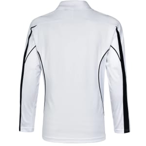 A white long sleeve polo shirt with black accents and a logo on the front.