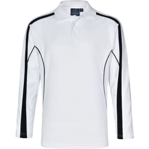 Men's long sleeve polo in white with black side accents and a logo. Ideal for casual or sporty wear.