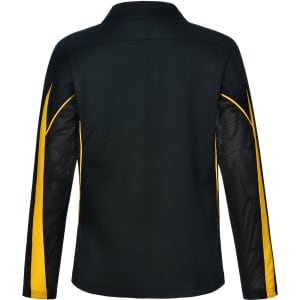 A long sleeve polo shirt in black and yellow with mesh detailing and a logo on the back.