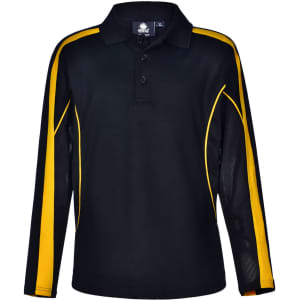 A black long sleeve polo shirt with yellow side accents and a logo on the chest.