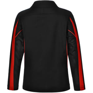 A black long sleeve polo shirt with red accents and mesh detailing on the sleeves, featuring a logo on the chest.