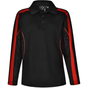 A black long sleeve polo shirt with red side panels and a collar. It features a logo on the upper front.