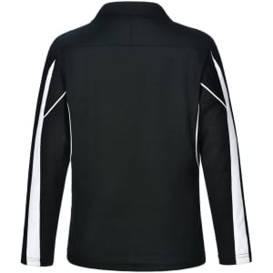 A black long sleeve polo shirt with white racing stripes on the sides and a collar. It features a logo.