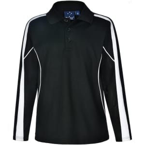 A kids' long sleeve polo shirt in black with white side panels and a collar, featuring a logo on the neck.