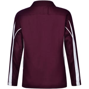 A maroon long sleeve polo shirt with white side panels and a logo. Features a classic collar design.