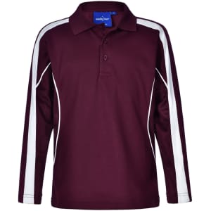 A maroon long sleeve polo shirt featuring white side stripes and a collar, with a logo on the chest.
